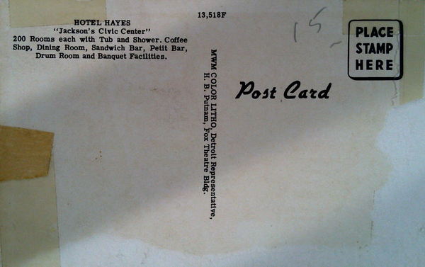 Hotel Hayes - Postcard Back (newer photo)